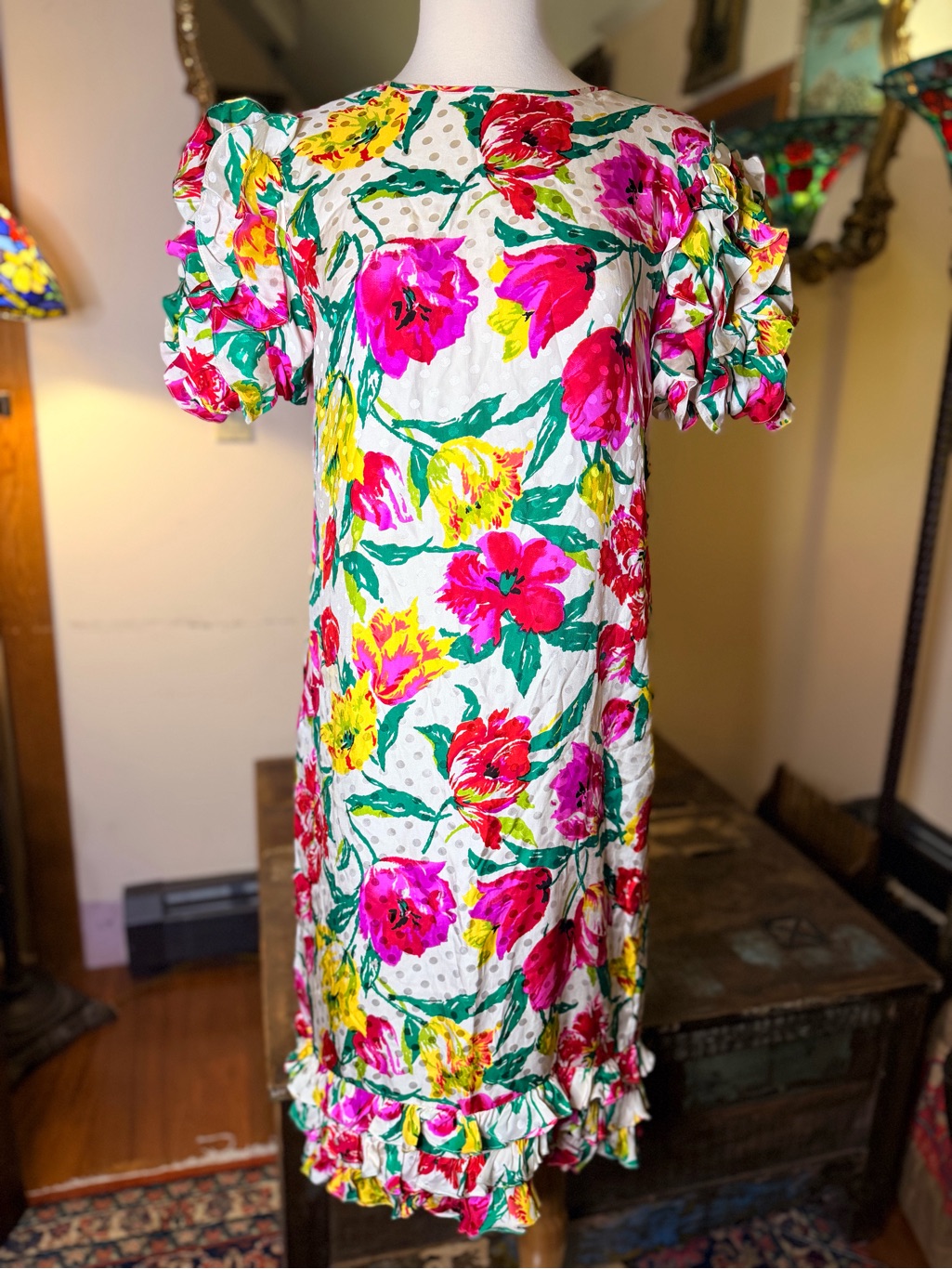 Maggy London Jacquard Silk Midi Dress With Pink, Yellow & Green Floral Print